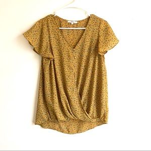 Mustard Micro Floral Mock Wrap Flutter Sleeve Top